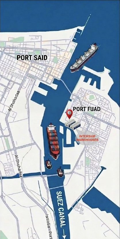 Map showing the INTERSHIP bonded warehouses at Port Fuad on the Suez Canal, opposite Port Said